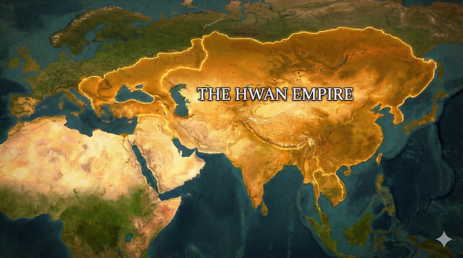 A map generated by artificial intelligence shows the purported territory of the Hwan Empire, or Hwanguk, a pan-Eurasian empire described in the text of "Hwandan Gogi." (Created with Gemini)