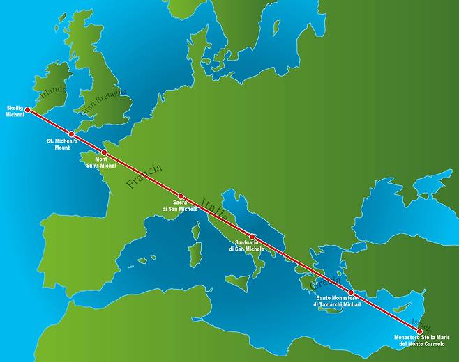 An almost perfectly straight line stretching from Israel to Ireland, known as the “Line of St. Michael.” [WIKIPEDIA]
