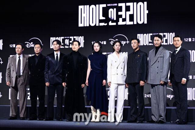 디즈니+ 오리지널 시리즈 '메이드 인 코리아 배우 박용우, 노재원, 강길우, 정성일, 원지안, 서은수, 우도환, 정우성, 현빈(왼쪽부터)/마이데일리 DB