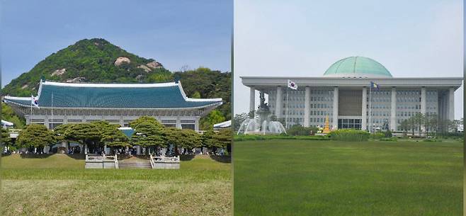 사진은 수도권 과밀과 권력의 중심을 상징하는 청와대(좌)와 국회 여의도의사당(우). 사진=각 기관 자료사진 갈무리.