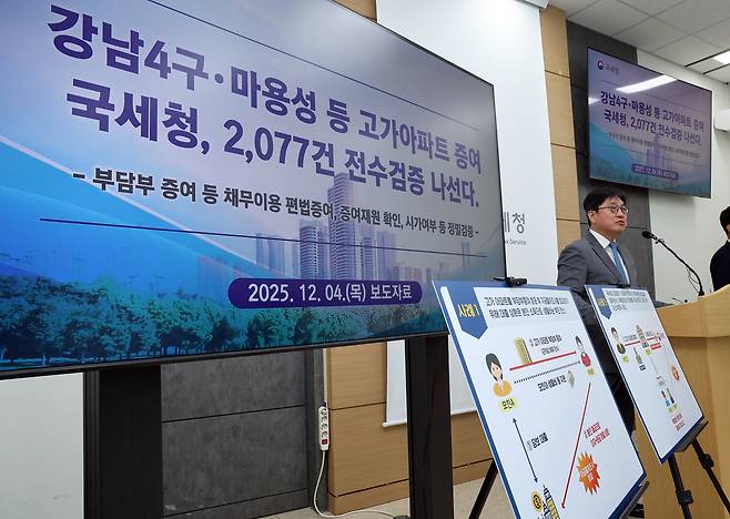 오상훈 국세청 자산과세국장이 4일 정부세종청사 국세청 기자실에서 강남4구와 마포·용산·성동구(마용성) 등 고가아파트 증여 거래 2077건에 대한 전수 검증할 것을 밝히고 있다. [연합]