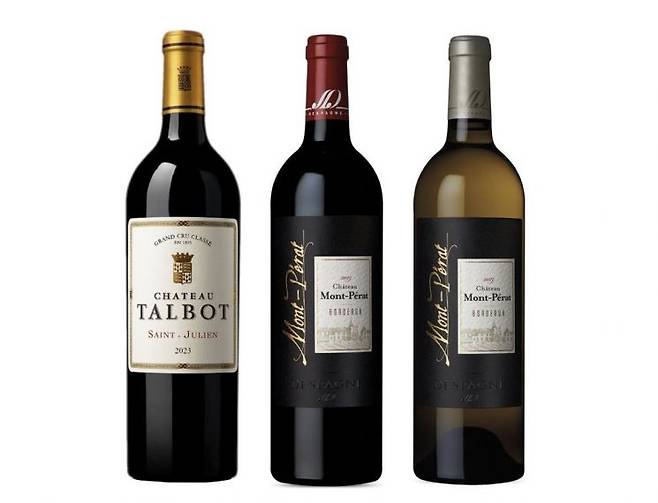 (왼쪽부터)'샤토 딸보 2023 빈티지', '샤토 몽페라 루즈', '샤토 몽페라 블랑'[사진=제이와인컴퍼니]