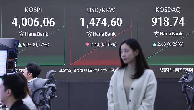 서울 중구 하나은행 딜링룸 전광판에 코스피와 코스닥, 원달러 환율 시황이 표시되고 있다. /뉴스1