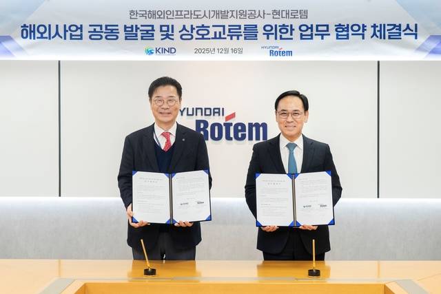 이용배(오른쪽) 현대로템 사장과 김복환 KIND 사장이 지난 16일 경기 의왕시에 위치한 현대로템 본사 사옥에서 열린 해외 철도사업 공동발굴 및 상호교류 강화를 위한 업무협약 체결식에서 기념촬영을 하고 있다. 현대로템 제공