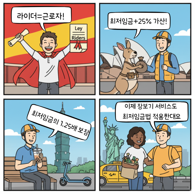 ▲각국의 라이더 보호 법·제도 변화를 그림으로 나타냈다. 왼쪽 위부터 시계방향으로, 스페인-호주-뉴욕시-대만.