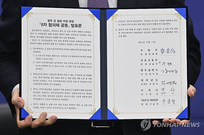 광주 군·민간 공항, 무안으로 이전 (광주=연합뉴스) 17일 오전 광주 서구 광주도시공사에서 열린 '광주 군 공항 이전 6자 협의체' 1차 회의에서 참석 내빈들이 '공동 발표문'을 공개하고 있다.
    이날 회의에서는 광주 군·민간 공항을 무안으로 통합 이전하는 합의문이 도출됐다. 2025.12.17 [광주전남사진기자단] hs@yna.co.kr