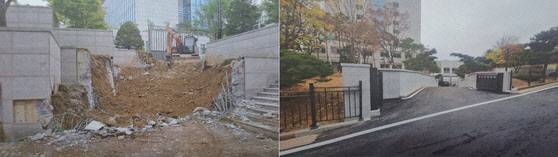 윤석열 정부 시절 추진된 서울 용산 대통령 집무실 동쪽 진입로 착공 당시와 (왼쪽) 완공된 모습이다. (사진=추미애 더불어민주당 의원실)