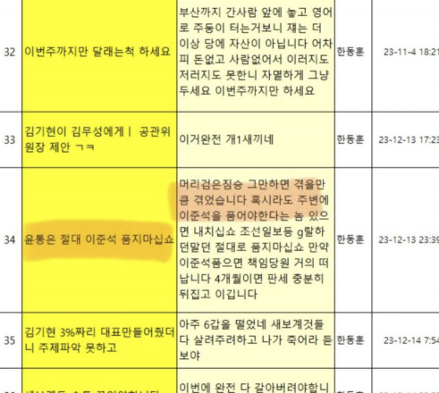 이준석 개혁신당 대표가 공개한 '한동훈'이라는 이름으로 작성된 국민의힘 당원게시판 글.