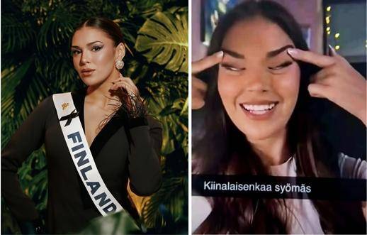 '2025 미스 핀란드'였던 사라 자프체(왼쪽 사진)와 최근 인종차별 논란을 일으킨 자프체의 제스처. 인스타그램·온라인 커뮤니티 '조델' 캡처