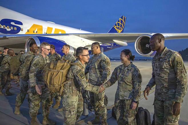US Army Soldiers assigned to the 35th Air Defence Artillery arrive at Osan Air base from a Deployment on Oct. 31, 2025. (US Army photo by Sgt. Jason Palacios)