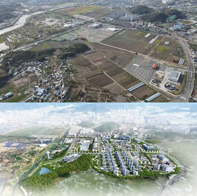 순천만국가정원 옆에 개발될 연향들 항공사진(위)과 조감도.
