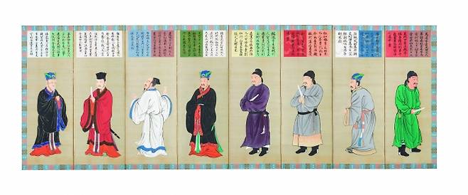 궁전 정전을 장식한 장지문의 그림을 그린 병풍의 모습. 중국 고대 성현 32인을 그려 넣은 것 중의 일부다. 국립고궁박물관 제공