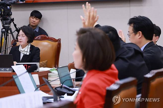 대체토론 발언권 요청하는 국민의힘 법사위원들 (서울=연합뉴스) 신현우 기자 = 18일 국회 법제사법위원회 전체회의에서 국민의힘 나경원 의원 등 법사위원들이 정보통신망법 개정안 등에 관한 대체토론 발언권을 얻기 위해 손을 들고 있다. 2025.12.18 nowwego@yna.co.kr