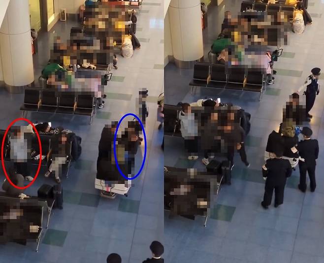 갈등이 벌어진 도쿄 하네다 공항 현장. 빨간색 원이 중국 관광객, 파란색 원이 대만 관광객. X @Byron_Wan