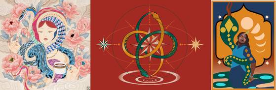 세르펜티가 지닌 무한한 해석을 기념하는 글로벌 포스트카드. 왼쪽부터 한국 강민지 작가의 ‘불가리 그릴스(BVLGARI Grils)’, 중국 아티스트 스 위안팡이 제작한 포스트카드, 인도 아라바니 아트 프로젝트의 포스트카드. 사진 불가리