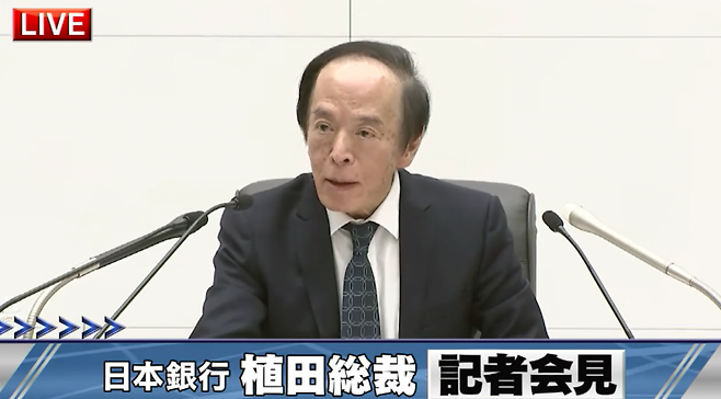 우에다 가즈오 일본은행 총재가 19일 금리인상 발표 기자회견에서 발언하고 있다. 일본은행.