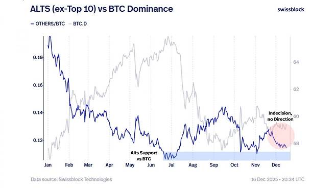 시가총액 상위 10개 종목을 제외한 알트코인과 비트코인 도미넌스(시장 지배력) 흐름. 알트코인은 방향성 탐색 국면에서도 비트코인 대비 중기 지지 구조를 유지하고 있다. / 사진 = 스위스블록 알트코인벡터