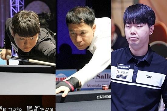 블루아3쿠션챌린지에서 (왼쪽부터)조명우 허정한 김행직이 나란히 16강에 진출, 각각 멕스 시돔 가르시아와 8강행을 다툰다. (사진=DOOZY 빌리어드)