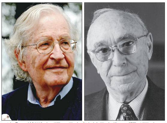 노엄 촘스키(왼쪽)와 제롬 브루너. ‘언어습득장치(LAD)’를 생득적으로 타고난다는 촘스키의 주장에 제롬 브루너는 ‘생득적’이라는 주장은 큰 의미 없다고 일축한다.<BR>