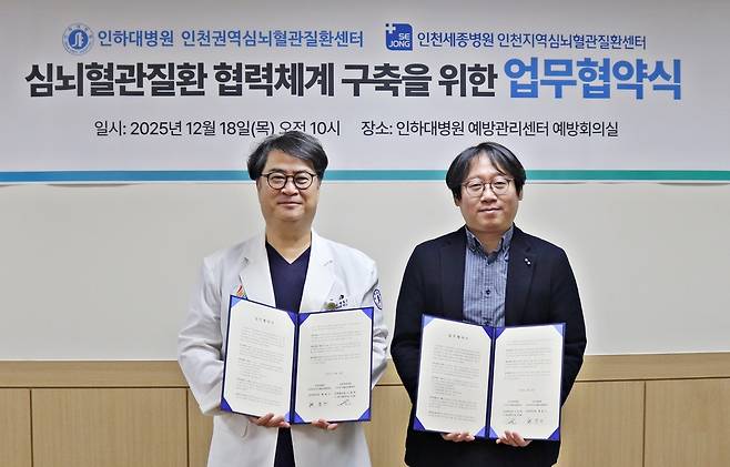 현동근 인천권역심뇌혈관질환센터장(왼쪽)과 김낙환 인천지역심뇌혈관질환센터 예방재활센터장(오른쪽)이 업무협약 체결 뒤 기념촬영을 하고 있다.