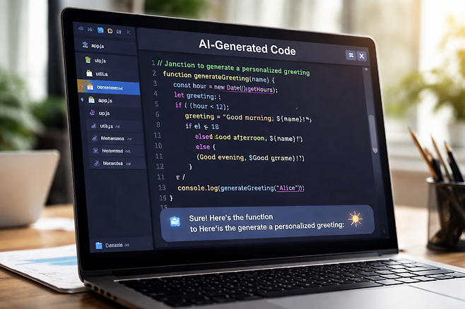 인공지능(AI)이 코딩을 짜고 있는 모습. 해당 이미지는 AI로 만들었다.
