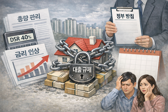 대출 시장이 얼어붙은 상황에서 정부가 2026년에도 부동산·가계대출 고삐를 조일 것으로 전망된다. 사진=구글제미나이 생성