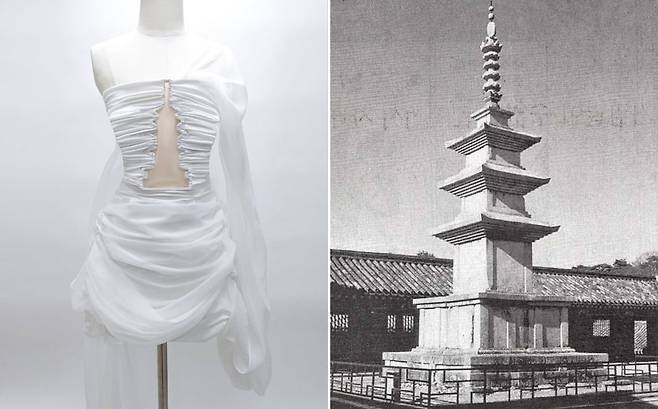 제니가 MMA 2025 '올해의 레코드' 수상 당시 입은 드레스. 자세히 보면, 상체 가운데 부분에 경주 불국사 석가탑 모양으로 주름이 들어갔다. /르쥬