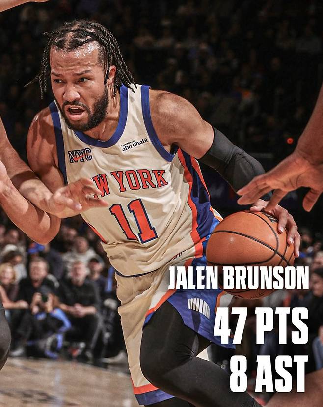 뉴욕 브런슨이 22일 매디슨 스퀘어 가든에서 열린 마이애미와의 2025~26 NBA 정규리그 홈경기서 47점 8어시스트를 기록하며 팀의 132-125 승리를 이끌었다. 그는 뉴욕서 통산 8번째 단일 경기 45점 이상 기록을 쓰며 이 부문 구단 공동 1위가 됐다. 사진=ESPN SNS