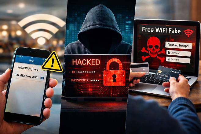 비밀번호가 없는 와이파이를 사용한 네트워크에서는 데이터가 암호화되지 않은 채 전송되기 때문에 보안 위협이 존재한다 / 출처=AI 생성 이미지