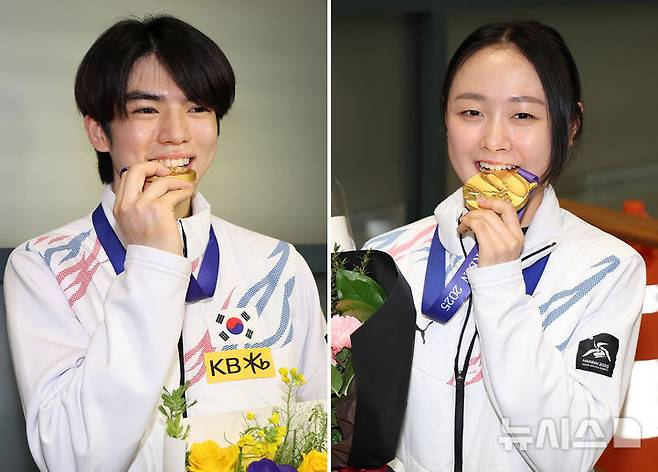 [인천공항=뉴시스] 이영환 기자 = 2025 하얼빈 동계아시안게임 피겨스케이팅 남자 싱글에서 금메달을 획득한 차준환(왼쪽사진)과 여자 싱글에서 금메달을 획득한 김채연이 14일 오후 인천국제공항 제1여객터미널을 통해 귀국해 포즈를 취하고 있다. 2025.02.14. 20hwan@newsis.com