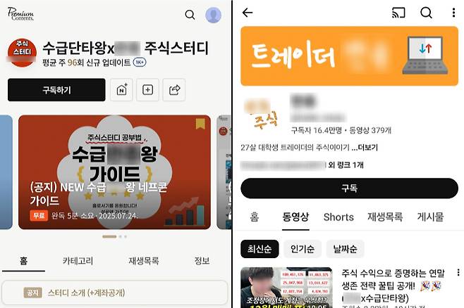 온라인 강의 플랫폼에서 월 22만 원을 내고 구독하면 들을 수 있는 K씨의 주식매매법 강의(왼쪽), K씨가 출연하고 있는 유튜브 채널(오른쪽). 온라인 캡처