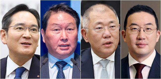 (왼쪽부터) 이재용 삼성전자 회장, 최태원 SK그룹 회장, 정의선 현대자동차그룹 회장, 구광모 LG그룹 회장 ⓒ뉴시스