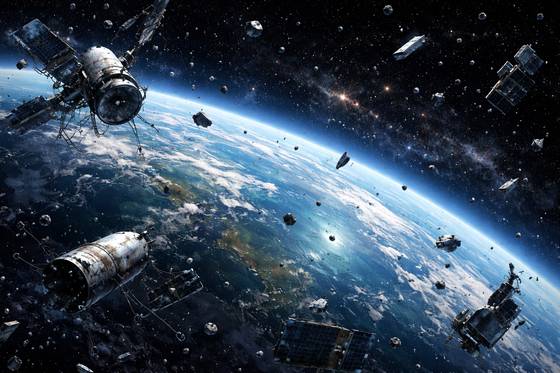 챗GPT가 그려낸 지구 저궤도를 돌고 있는 인공위성과 우주쓰레기.