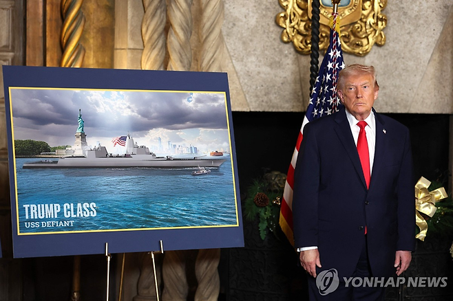 ‘트럼프급’ 전함 소개하는 트럼프 대통령 [AFP = 연합뉴스]