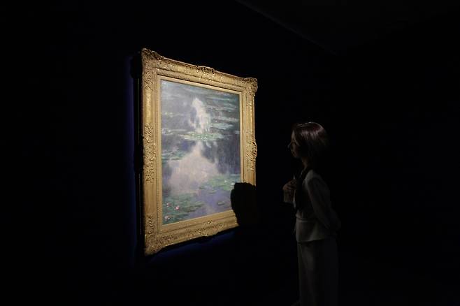 어두운 공간에 액자에 담긴 수련 그림을 바라보는 여성의 뒷모습이 보이는 사진이다. 그림은 연못에 핀 수련을 묘사하고 있으며, 여성은 그림에 집중하고 있는 듯하다.