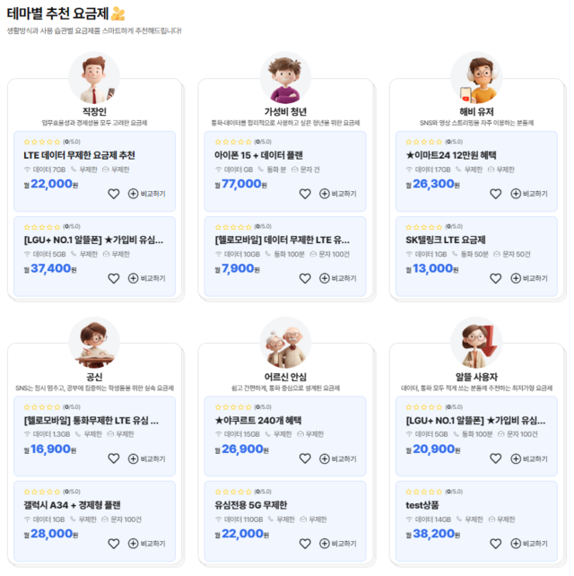 테마별 추천 요금제. 알뜰폰 허브