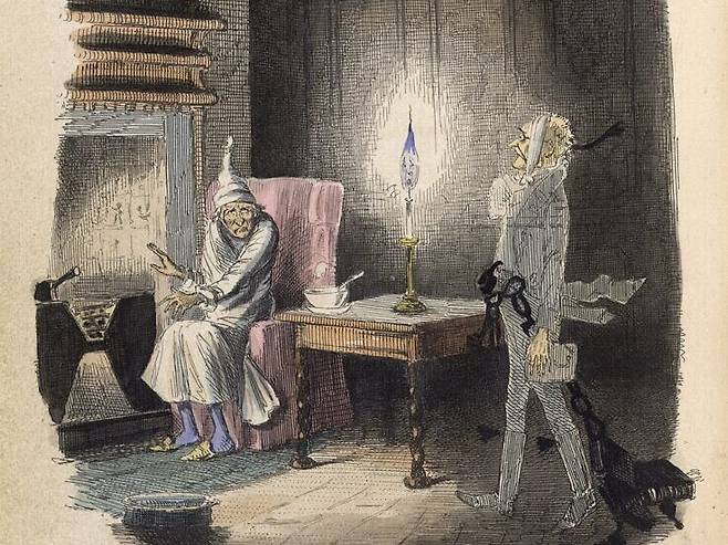 찰스 디킨스가 1843년에 출간한 『크리스마스 캐롤』에서 주인공 스크루지가 쇠사슬에 묶인 채로 나타난 동업자 제이콥 말리의 유령으로부터 "선행을 베풀지 못하고 죽은 걸 후회한다"는 말을 듣는 모습을 그린 삽화. 삽화가 존 리치의 작품이다.