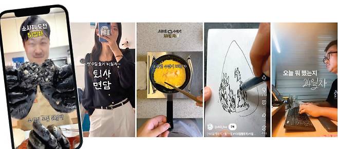 (왼쪽부터)소시지 아조시(@gimbobo)의 소시지 만들기 계정. 이 영상은 조회수 265만 회를 기록했다. @wooom.zip, @cookingbird_, @chill_hae_v, @happymuksyear의 N일 차 영상. 취업, 요리, 그림 등 다양한 주제의 도전을 담았다.