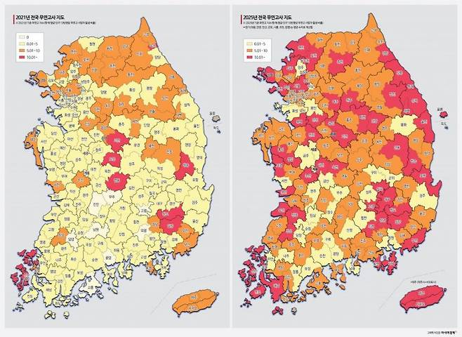 해당 지역의 1년 평균 무연고 사망자 발생 건수와 2025년(5월 기준) 인구를 토대로, 10만명당 무연고 사망자 수를 계산한 무연고 지수를 나타낸 전국 지도. 2021년에 비해 2025년 고위험군이 확연히 많아진 것이 눈에 띈다.