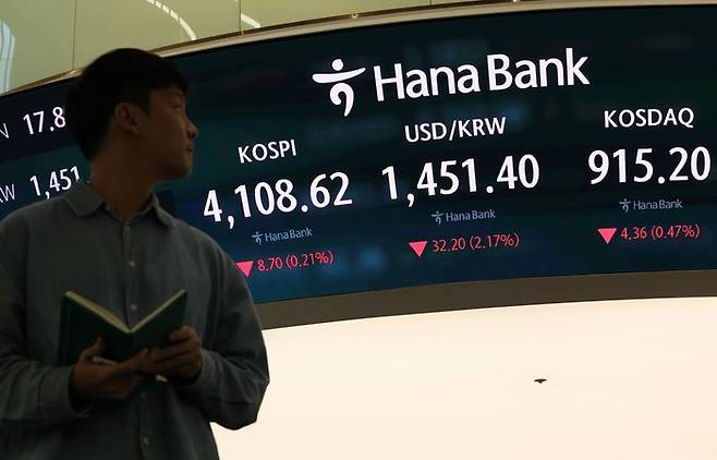 24일 오후 서울 중구 하나은행 딜링룸 전광판에 코스피가 전 거래일 보다 8.70 포인트(0.21%) 내린 4108.62 포인트를 나타내고 있다. ⓒ뉴시스