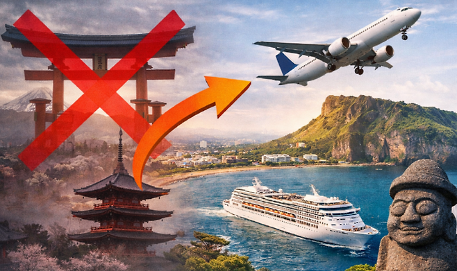 일본행이 막히자, 항공과 크루즈의 방향이 제주로 이동하고 있다. ‘한일령’ 이후 바뀐 관광 흐름을 상징적으로 표현한 이미지.