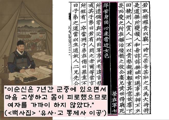 백사 이항복은 “이순신은 7년간 군중에 있으면서 마음 고생하고 몸이 피로했으므로 여자를 가까이 하지 않았다”고 전했다.