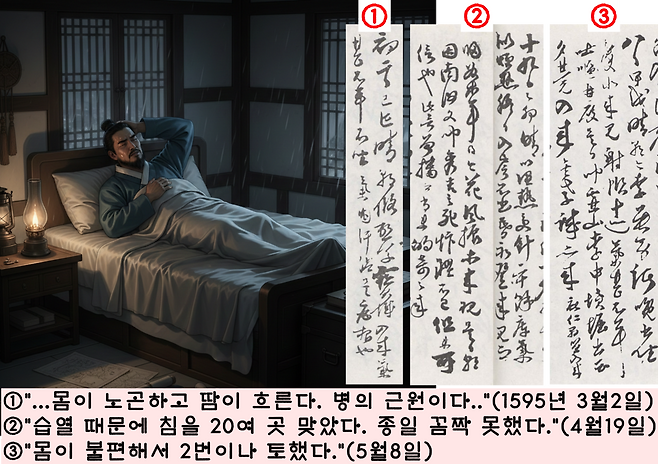 1596년 3~5월 2개월 이상 끙끙 앓았다. 거의 매일같이 ‘땀이 온몸을 적시고 밤잠을 이루지 못했으며 곽란 때문에 구토했다’는 등 악전고투의 연속이었다.