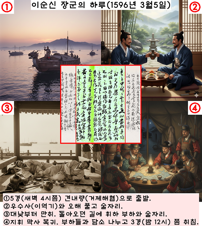 이순신 장군은 병중에도 토벌작전을 펼치고 부하들과의 소통을 위해 술자리를 펼치는 등 동분서주해야 했다. 1596년 3월5일의 경우 이순신 장군은 새벽 4시 무렵부터 밤 12시까지 20시간 동안 몸을 혹사해야 했다.