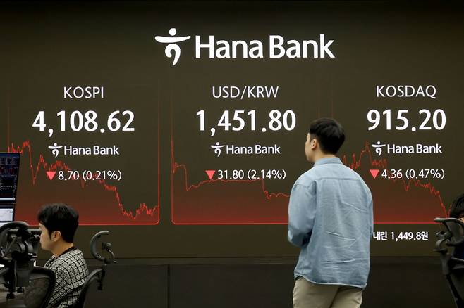 (서울=뉴스1) 이광호 기자 = 코스피 지수가 하락 마감한 24일 서울 중구 하나은행 본점 딜링룸 현황판에 전장보다 8.70포인트(0.21%) 하락한 4,108.62를 나타내고 있다.  이날 원/달러환율은 정부의 환율 대책과 당국의 구두 개입에 30원 넘게 급락, 코스닥 지수는 전장보다 4.36포인트(0.47%) 하락한 915.20에 장을 마쳤다.      2025.12.24/뉴스1  Copyright (C) 뉴스1. All rights reserved. 무단 전재 및 재배포,  AI학습 이용 금지. /사진=(서울=뉴스1) 이광호 기자