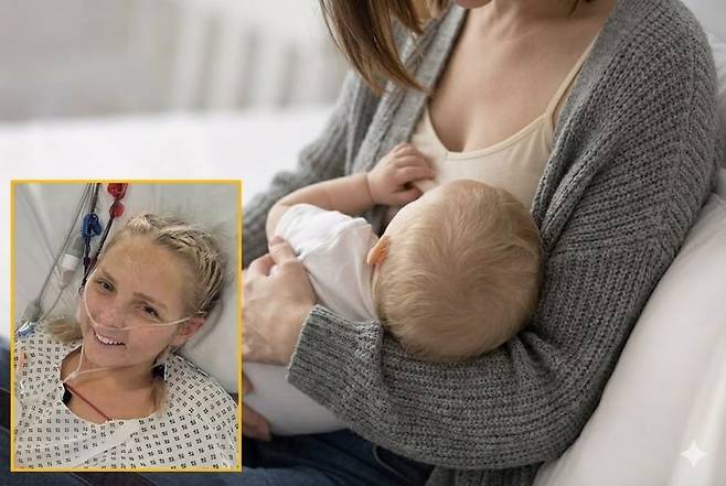 제왕절개로 아들을 출산한 직후 모유 수유를 하던 중 갑작스러운 이상 증상이 나타나 죽을 뻔한 여성의 사연이 전해졌다. 배경사진=AI/ 하단=SNS 캡처