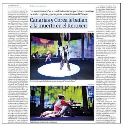 부산에서 간 이정윤 설치·조형예술가와 박연정 이팝무용단 대표의 활동을 크게 보도한 테네리페 현지 신문 ‘EL DIA’의 지난 11월 7일 지면. 이팝무용단 제공