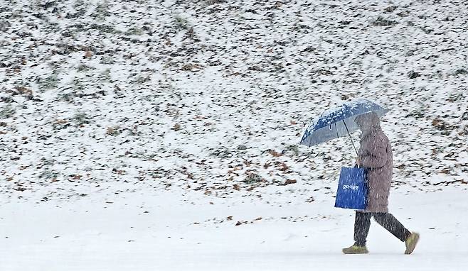 A person walks underneath an umbrella as snow falls in Chuncheon, Gangwon, on Dec. 23. [YONHAP]