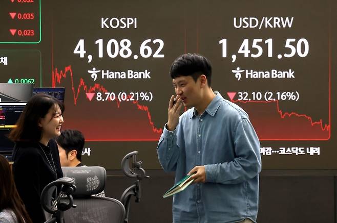 24일 서울외환시장에서 원달러 환율은 전날보다 33.8원 내린 1449.8원에 주간거래를 마감(오후 3시 30분 기준)해 3년 1개월 만에 최대 낙폭을 기록했다. 사진은 이날 서울 중구 하나은행 본점 딜링룸 현황판에 환율과 코스피가 표시된 모습. 뉴스1