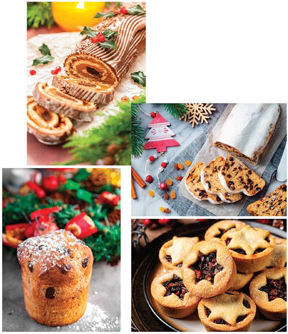 장작 모양의 롤케이크&nbsp;‘뷔슈 드 노엘’,&nbsp; 슈거 파우더가 눈처럼 내려앉은 ‘슈톨렌’,&nbsp; 먹으면 행운이 온다는 ‘민스파이’,&nbsp; 폭신한 식감의 ‘파네토네’(왼쪽 위부터 시계 방향).&nbsp;GETTYIMAGES